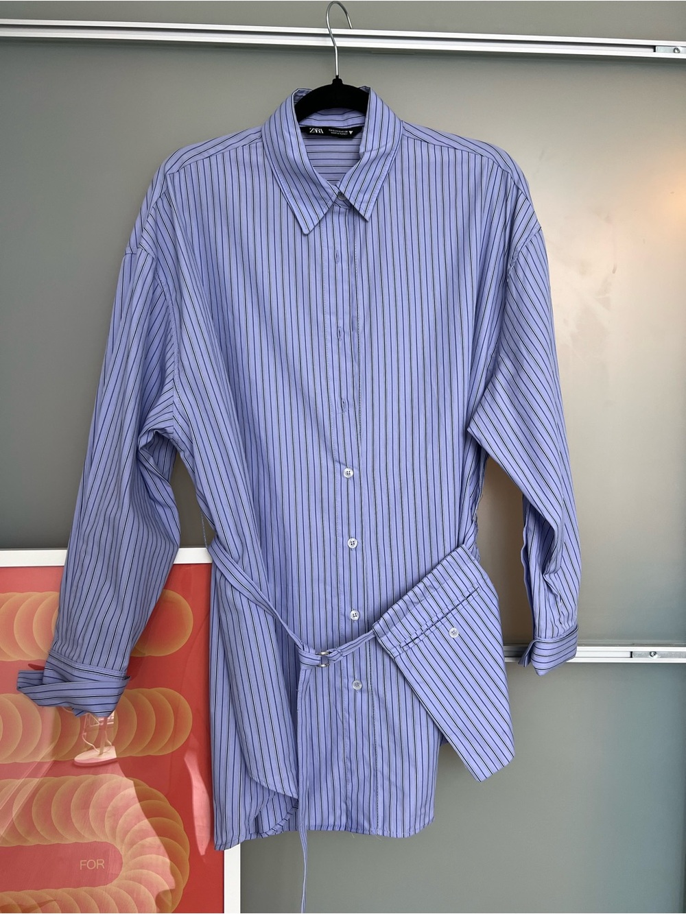 Zara Men Lavender Blue Pinstripe Button-Down Shirt with Waist Tie